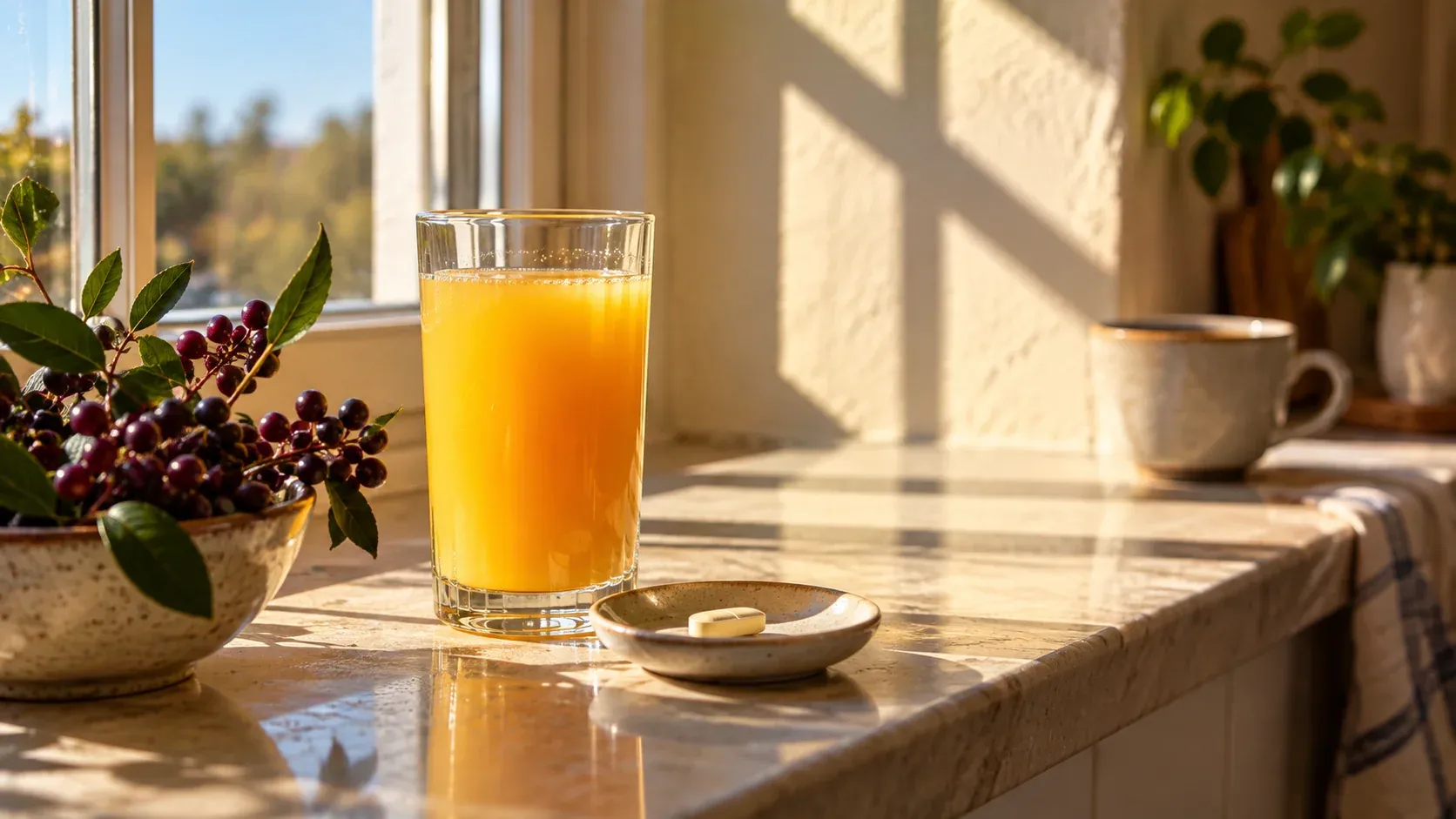 A glass of orange juice and a single tablet on a sunny kitchen windowsill, with a cup of coffee set apart at the far end.