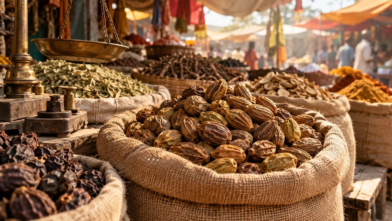 Sacks of dried haritaki fruit and other herbs at a market stall in India.