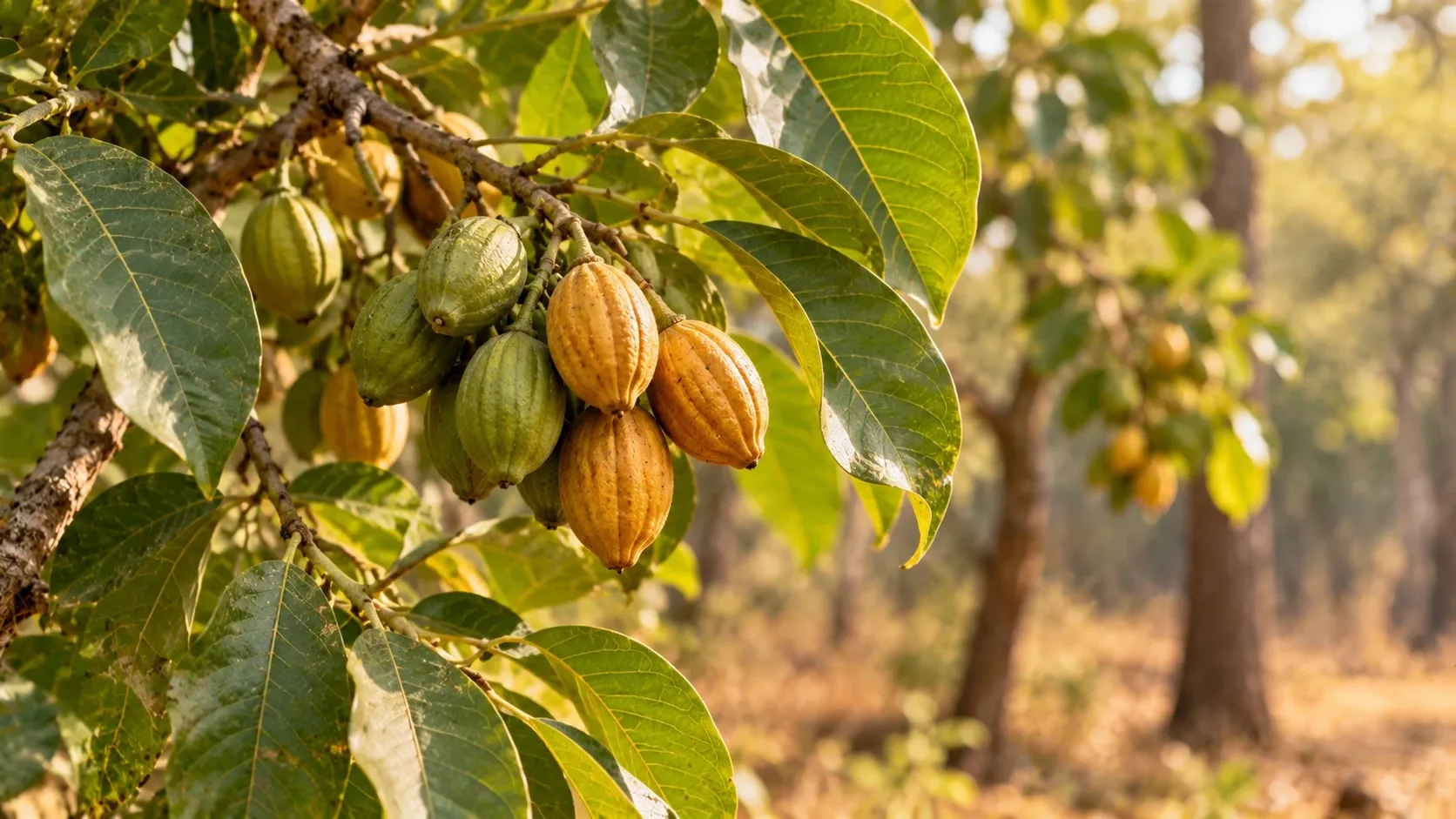 A branch of the haritaki tree with clusters of ribbed fruits ripening from green to yellow-ochre among broad green leaves.