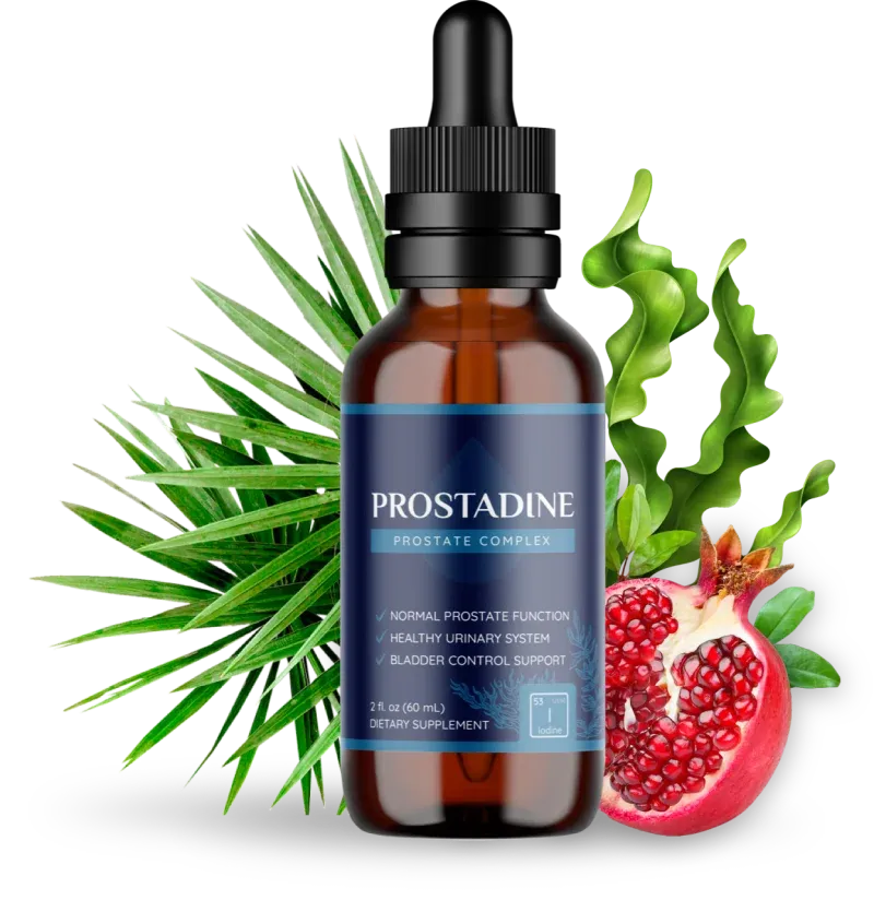 A Prostadine dropper bottle surrounded by palm leaves, seaweed and a halved pomegranate.
