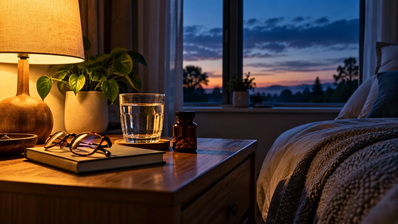 A bedside table at dawn with a lamp on, a glass of water, reading glasses and a supplement bottle.