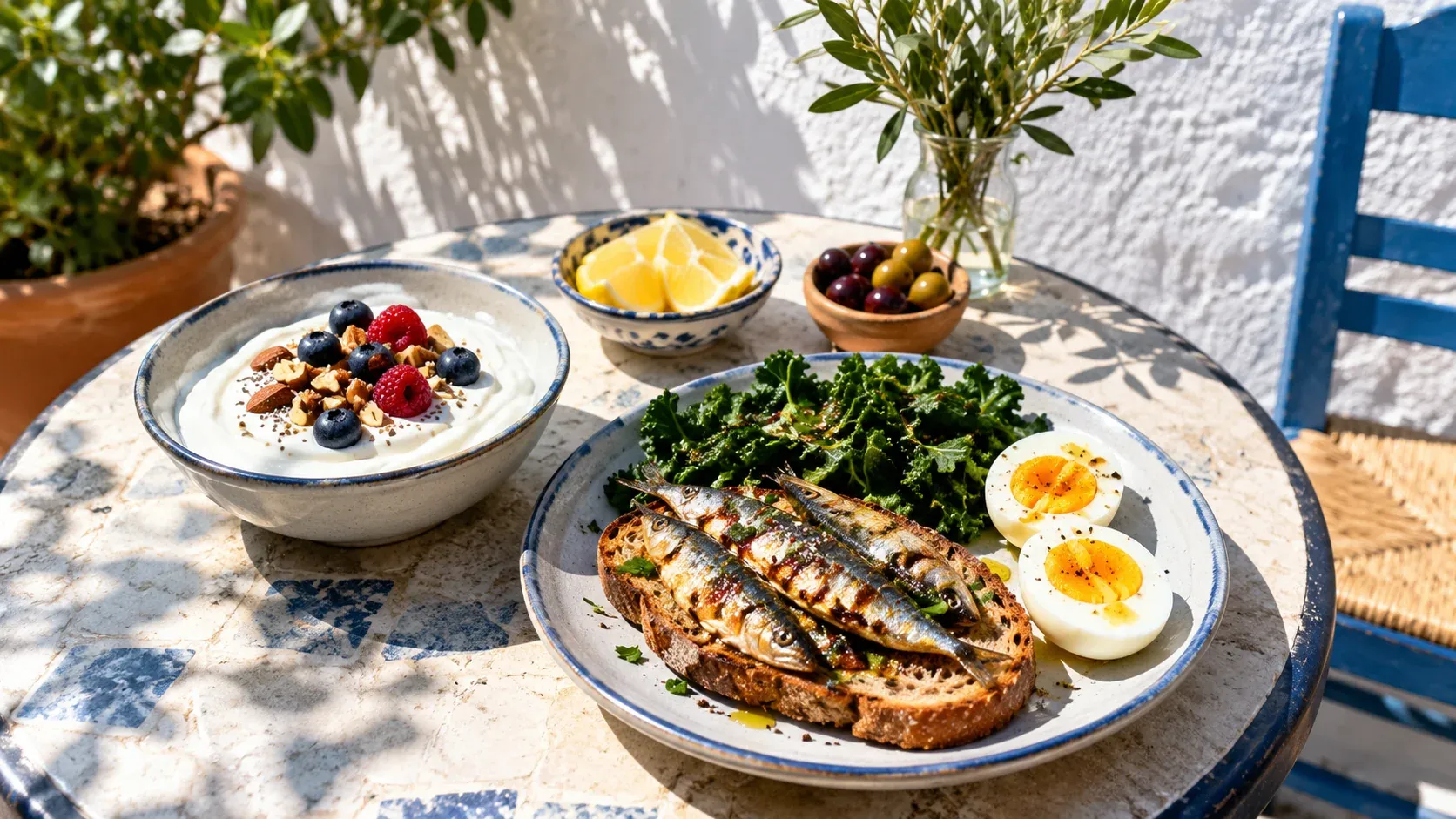 Yogurt with berries, sardines on toast, kale and a halved egg on a sunny outdoor café table.
