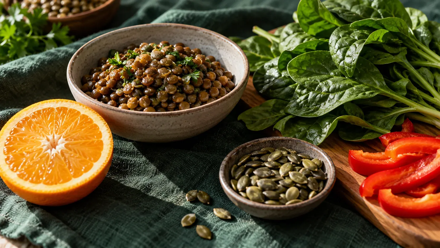 Iron-rich foods like lentils, spinach and pumpkin seeds beside a halved orange and red pepper on green linen.